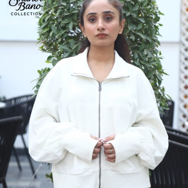 Drop Shoulder White Zip-Up Jacket